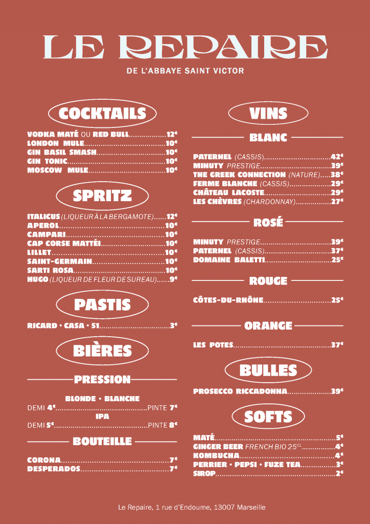 carte menu Repaire boissons été 2026